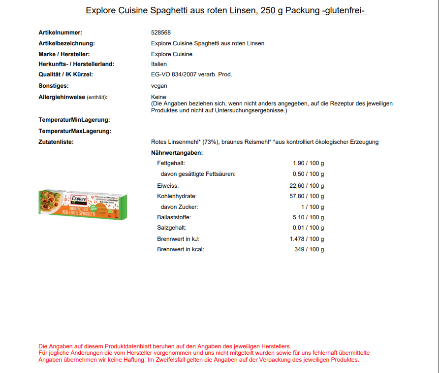 Spaghetti aus roten Linsen, 250 g Packung -glutenfrei-