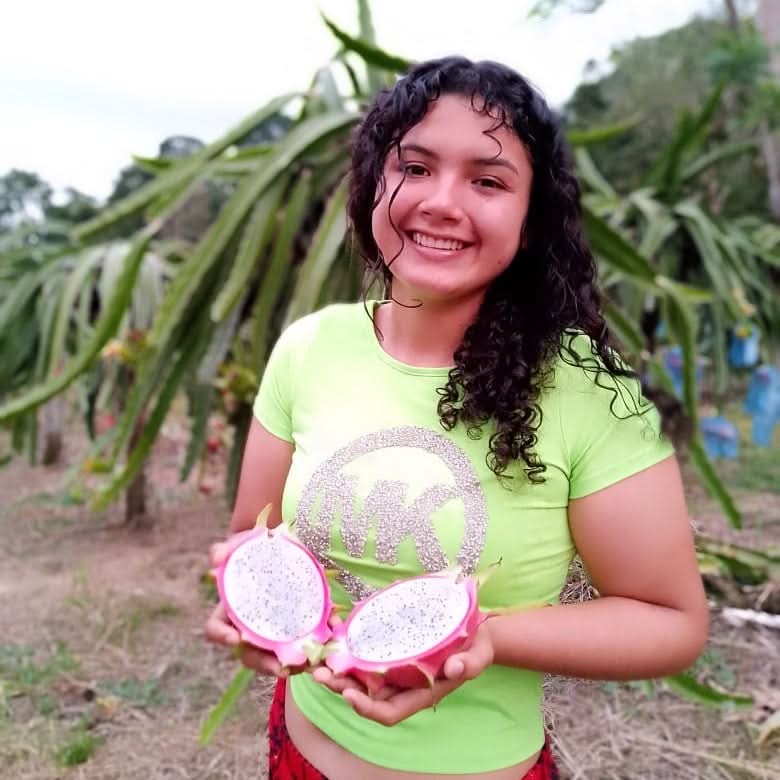 Drachenfrucht kaufen direkt von der Farm – junge Frau mit frischer weißer Bio Pitahaya