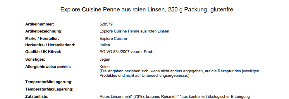 Explore Cuisine, Penne aus roten Linsen, 250 g Packung -glutenfrei-