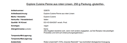 Explore Cuisine, Penne aus roten Linsen, 250 g Packung -glutenfrei-