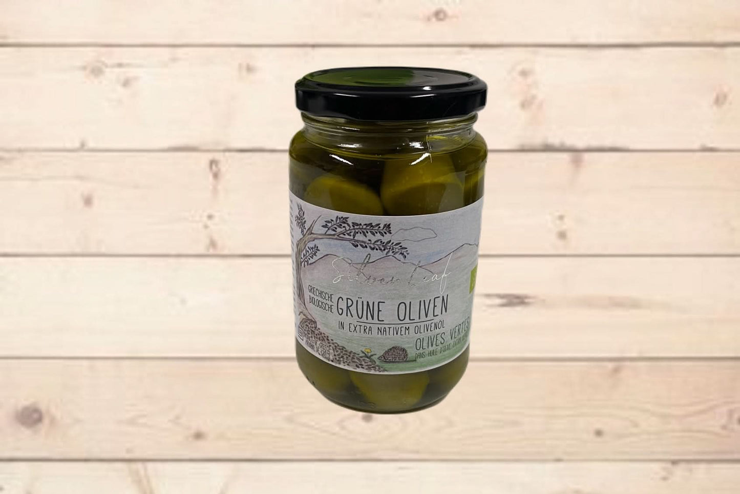 Silver Leaf - Bio Grüne große Oliven in nativem Olivenöl - mit Stein - (Sonderaktion MHD 09/2024) - 330g