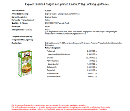 Lasagne aus grünen Linsen, 250 g Packung -glutenfrei-