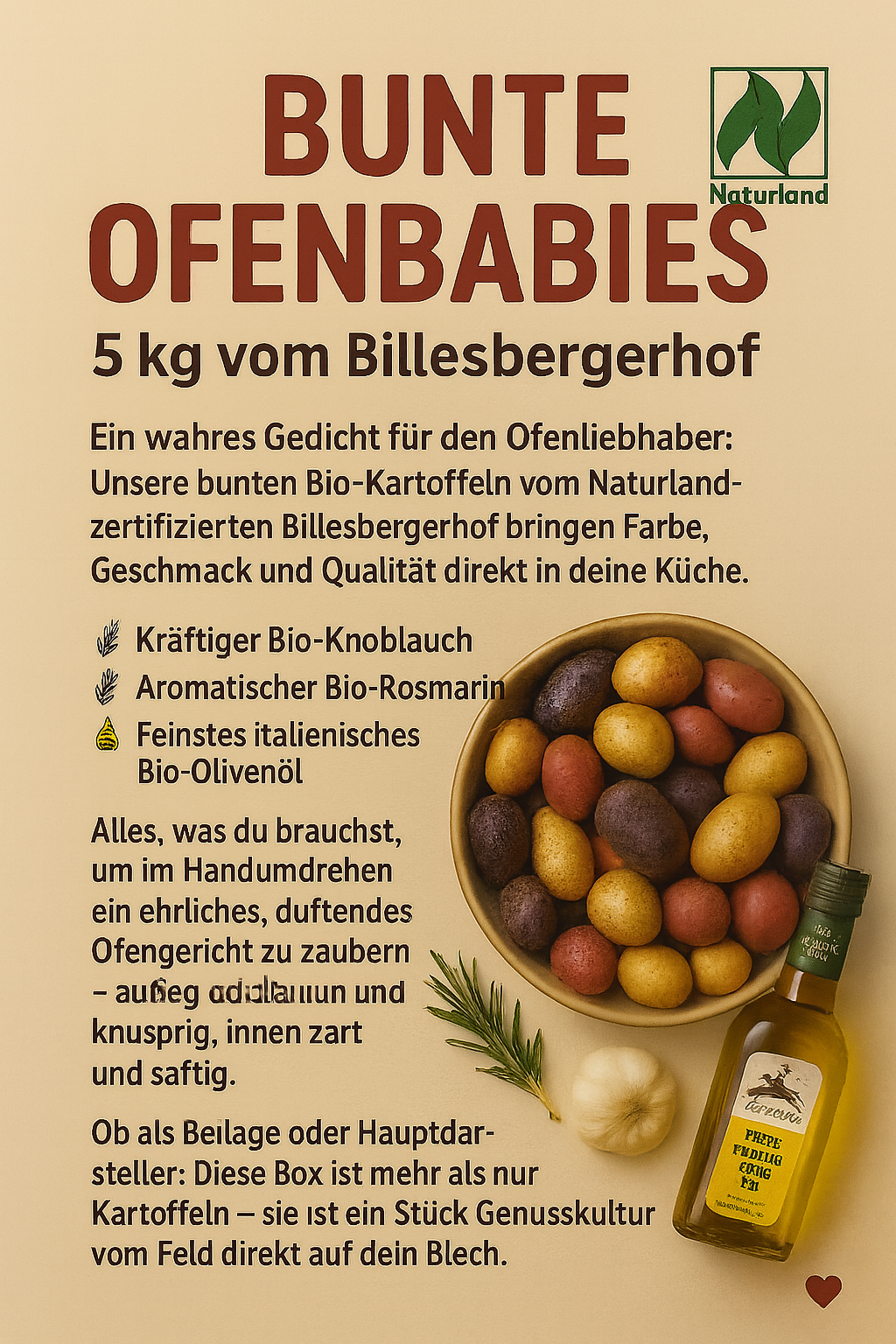 "Bunte Ofenbabiesbox" 5 kg  inkl. Rosmarin, Knoblauch und feinstem Olivenöl