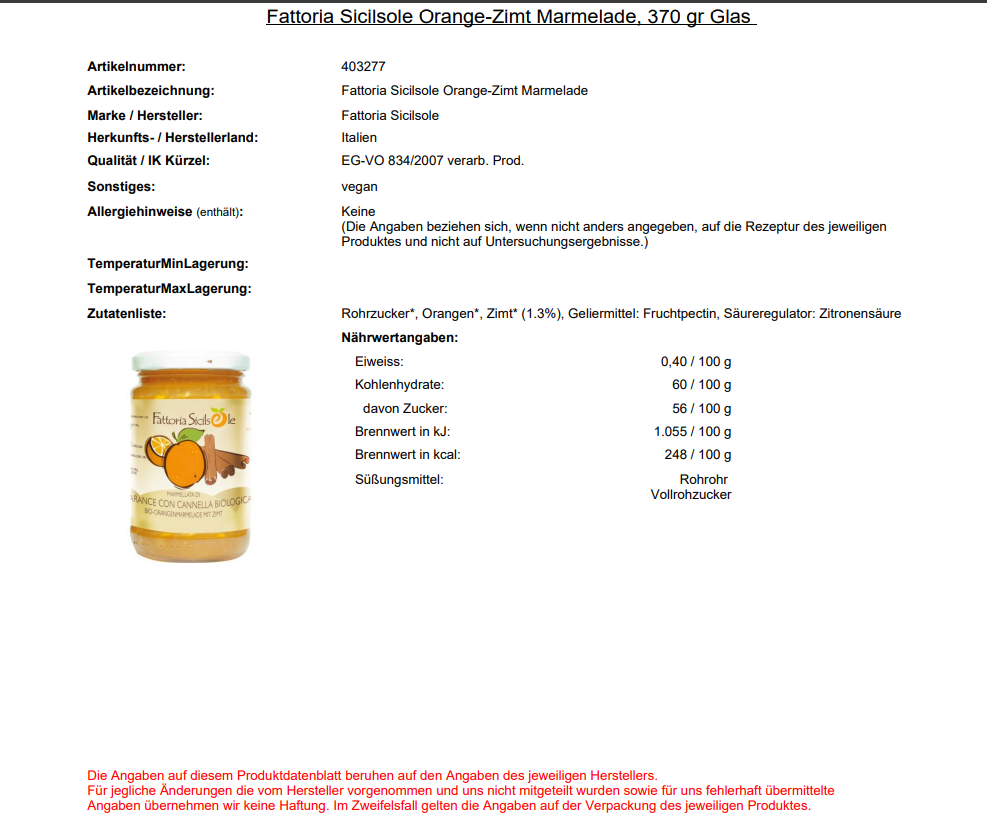 Fattoria Sicilsole, Orange-Zimt Marmelade, 370 gr Glas