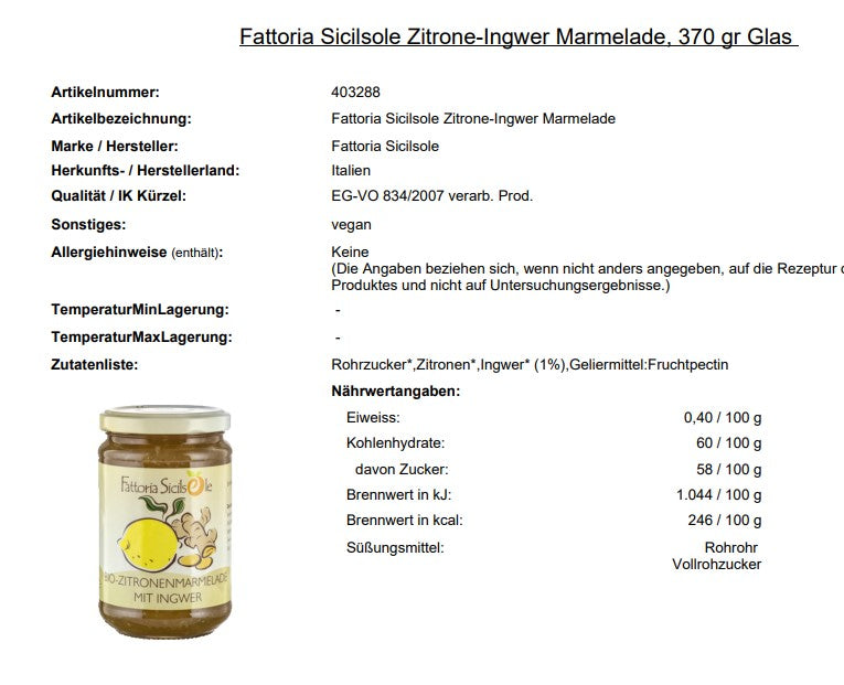Fattoria Sicilsole, Ingwer-Zitronen Marmelade, 370 gr Glas