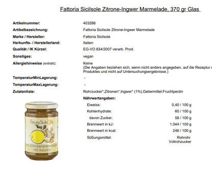 Fattoria Sicilsole, Ingwer-Zitronen Marmelade, 370 gr Glas