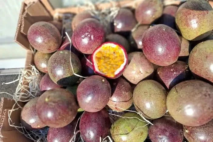 Bio Passionsfrüchte kaufen – Kiste mit vielen Bio Passionsfrüchten und einer aufgeschnittenen Frucht