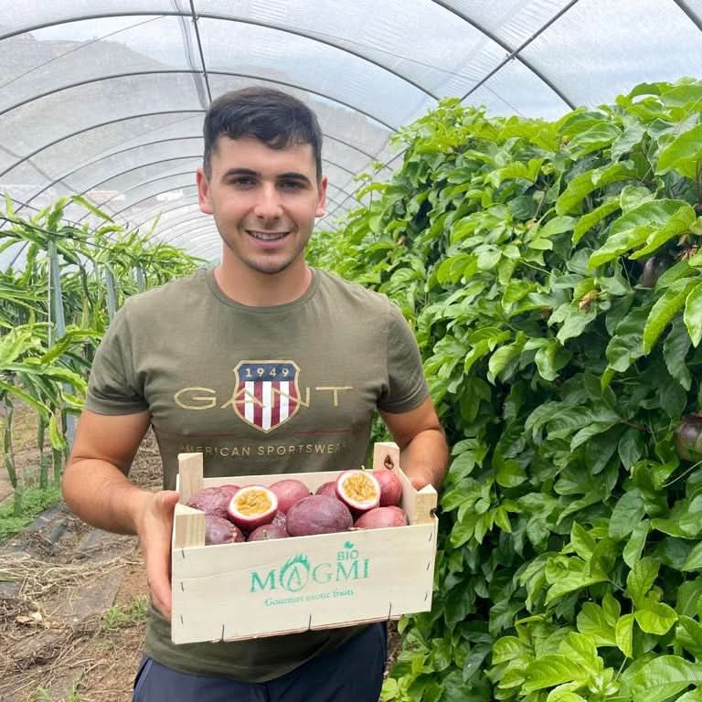 Salvador mit frischen Bio-Passionsfrüchten rot aus Spanien im Gewächshaus – passionsfrüchte rot kaufen spanien direkt vom Produzenten