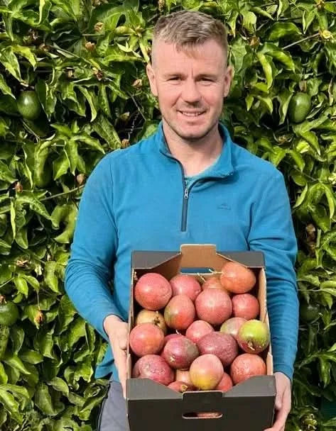 Julian mit einer frischen Bio-Kiste voller roter Passionsfrüchte aus Spanien – jetzt Passionsfrüchte rot kaufen Spanien